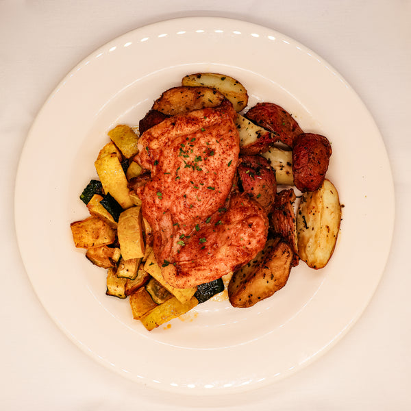BBQ Chicken with Roasted Potatoes and Blackened Mixed Vegetables
