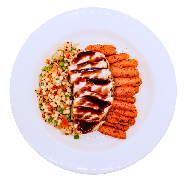 Balsamic Roasted Pork Loin on Couscous with Roasted Carrots