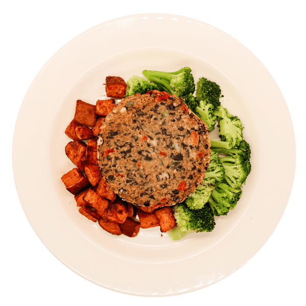 Black Bean Burger with Roasted Sweet Potatoes and Broccoli