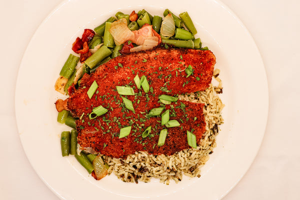 Blackened Tilapia on Wild Rice with Country Style Green Beans