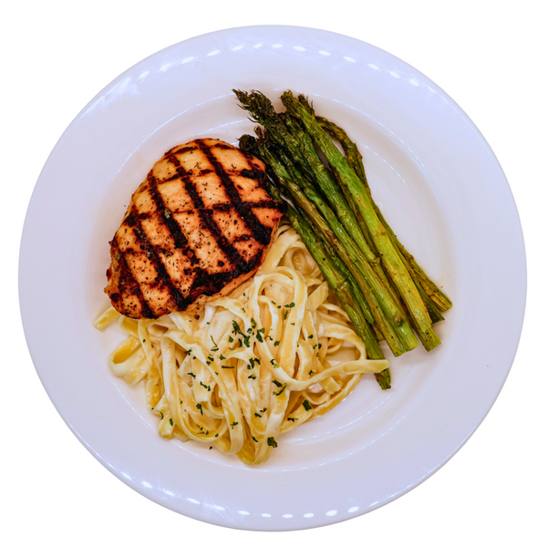 Fettuccini Alfredo with Grilled Chicken and Roasted Asparagus