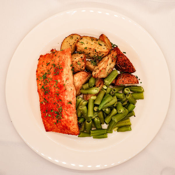 Maple Glazed Salmon with Roasted Potatoes and Sauteed Green Beans