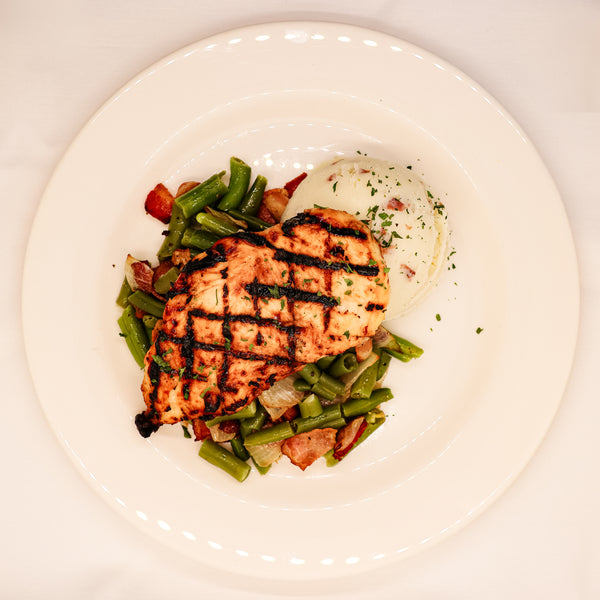 Marinated Grilled Chicken Breast with Mashed Potatoes and Country Style Green Beans