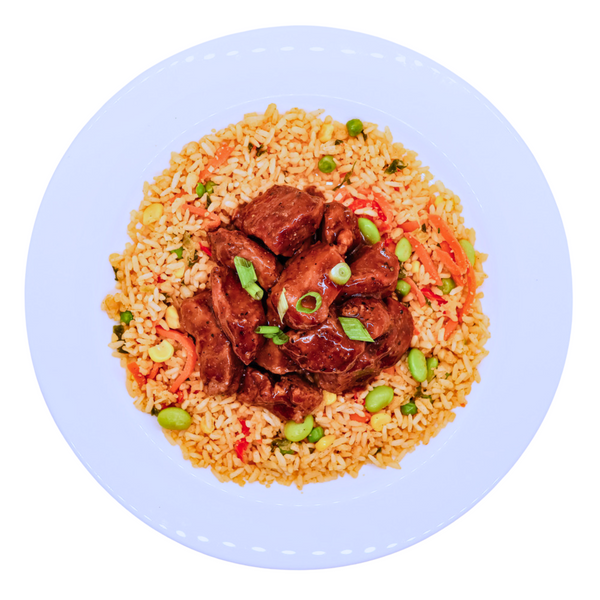 Teriyaki Beef Tips on Vegetable Fried Rice