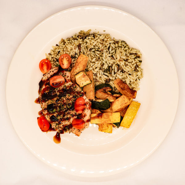 Tomato Basil Chicken on Wild Rice with Roasted Squash